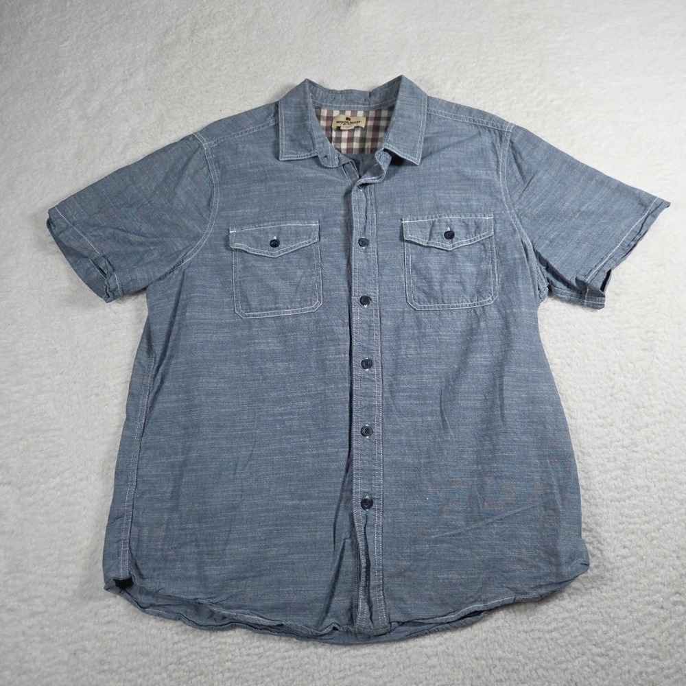 Woolrich Shirt‎ Mens Size Large Blue Chambray Short Sleeve Dual Pockets Cotton